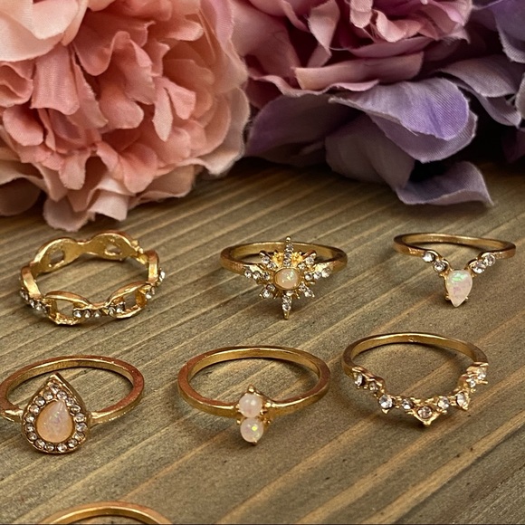 12 Pcs Boho Gypsy Gold, Crystal & Opal Ring Set - Picture 7 of 16